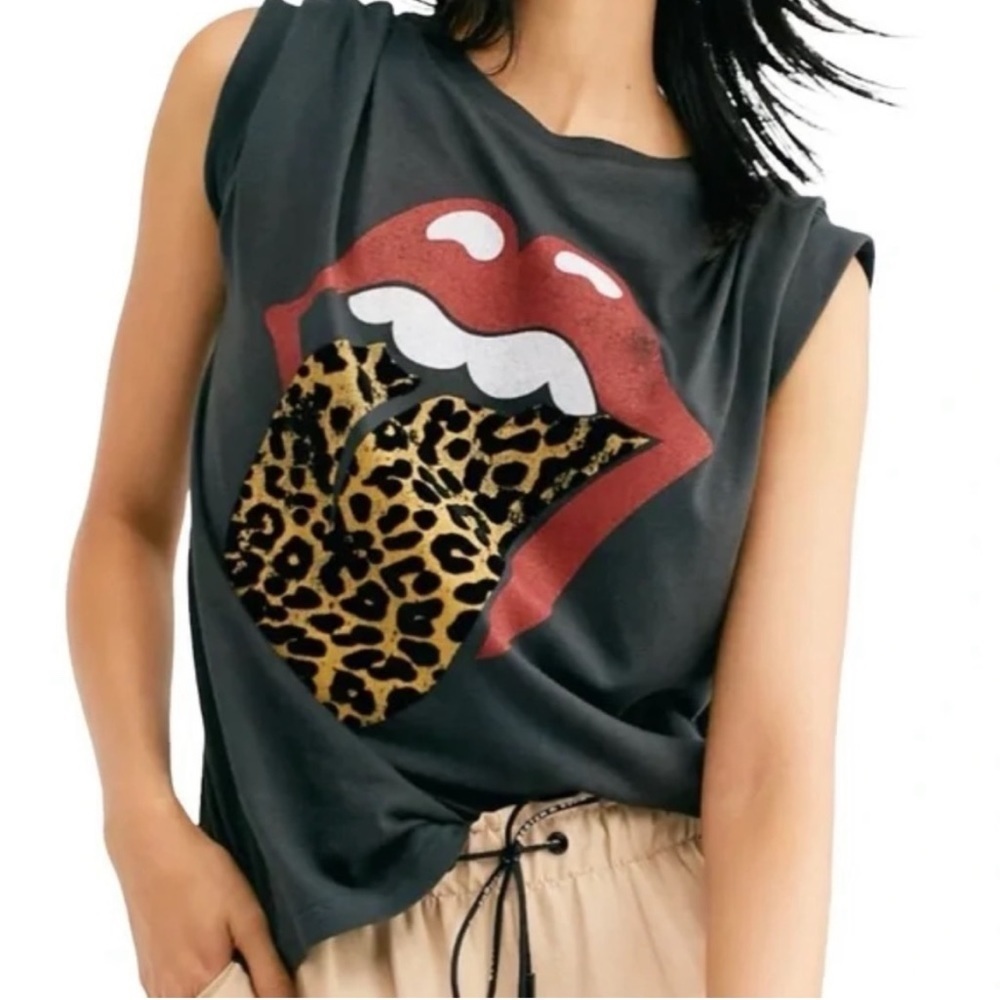 Daydreamer x Free People Black Rolling Stones Flocked Leopard Tongue Tour Tee